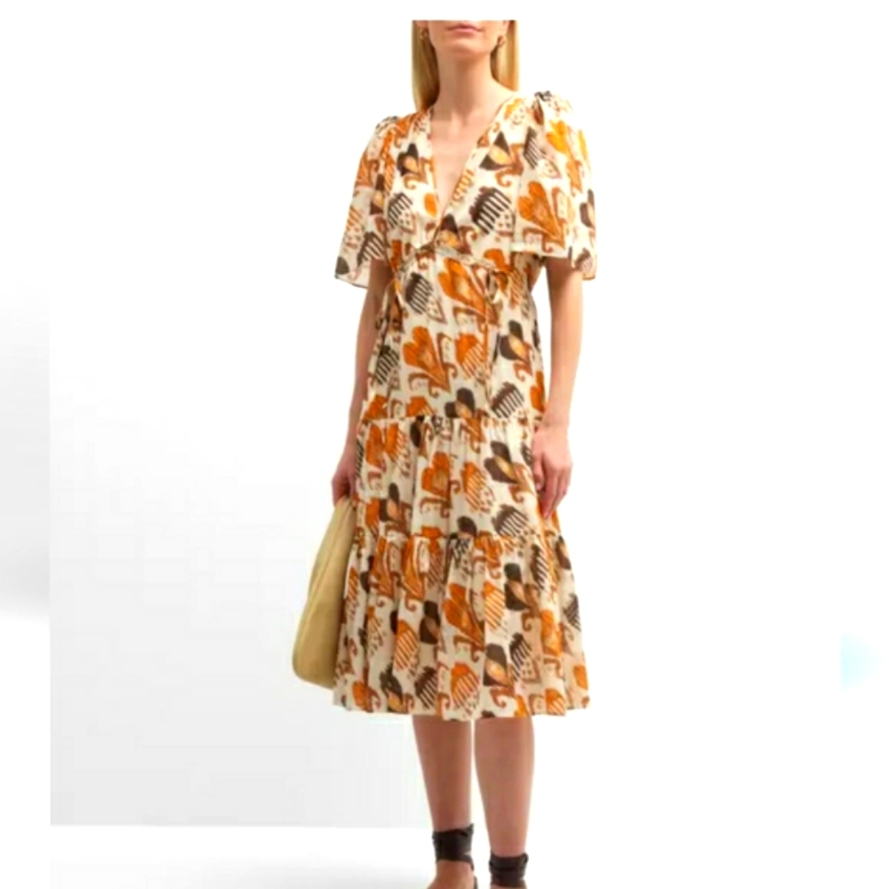 Kobi Halperin A-Line Tiered Midi Skirt in Apricot and Brown. Excellent. Sz XL.